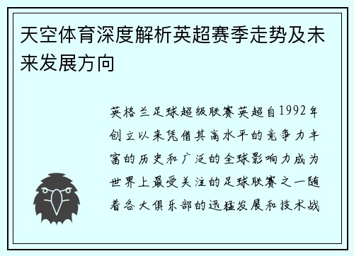 天空体育深度解析英超赛季走势及未来发展方向